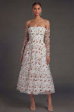 Long Sleeves Ivory Strapless Midi Beach Wedding Guest Dress