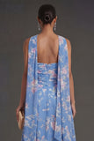 Ruched Blue Floral A Line Strapless Midi Beach Wedding Guest Dress