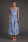 Blue Thick Straps Ruched Pleated Floral Midi Beach Wedding Guest Dress