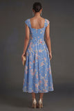Blue Thick Straps Ruched Pleated Floral Midi Beach Wedding Guest Dress