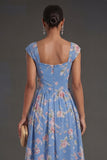 Blue Thick Straps Ruched Pleated Floral Midi Beach Wedding Guest Dress