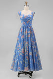 Blue Thick Straps Ruched Pleated Floral Midi Beach Wedding Guest Dress