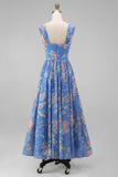 Blue Thick Straps Ruched Pleated Floral Midi Beach Wedding Guest Dress