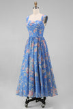 Blue Thick Straps Ruched Pleated Floral Midi Beach Wedding Guest Dress
