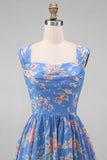 Blue Thick Straps Ruched Pleated Floral Midi Beach Wedding Guest Dress