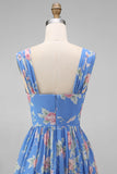 Blue Thick Straps Ruched Pleated Floral Midi Beach Wedding Guest Dress