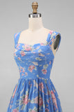 Blue Thick Straps Ruched Pleated Floral Midi Beach Wedding Guest Dress