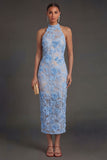 Blue Appliqued Floral Sheath Halter Neck Midi Beach Wedding Guest Dress