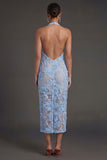 Blue Appliqued Floral Sheath Halter Neck Midi Beach Wedding Guest Dress