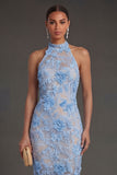 Blue Appliqued Floral Sheath Halter Neck Midi Beach Wedding Guest Dress