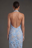 Blue Appliqued Floral Sheath Halter Neck Midi Beach Wedding Guest Dress