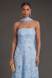 Blue Appliqued Floral A Line Strapless Midi Wedding Guest Dress with Neck Scarf