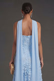 Blue Appliqued Floral A Line Strapless Midi Wedding Guest Dress with Neck Scarf