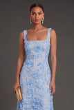 Blue Floral Sheath Thick Straps Appliqued Midi Wedding Guest Dress
