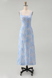 Blue Floral Sheath Thick Straps Appliqued Midi Wedding Guest Dress