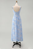 Blue Floral Sheath Thick Straps Appliqued Midi Wedding Guest Dress