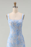 Blue Floral Sheath Thick Straps Appliqued Midi Wedding Guest Dress