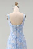 Blue Floral Sheath Thick Straps Appliqued Midi Wedding Guest Dress