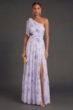 Lilac Floral Sheath One Shoulder Ruched Cut Out Long Beach Wedding Guest Dress