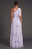Lilac Floral Sheath One Shoulder Ruched Cut Out Long Beach Wedding Guest Dress