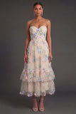 Floral Champagne A Line Tiered Sweetheart Appliqued Midi Beach Wedding Guest Dress