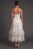 Floral Champagne A Line Tiered Sweetheart Appliqued Midi Beach Wedding Guest Dress