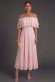 Pleated Pink A Line Off the Shoulder Midi Wedding Guest Dress