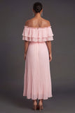 Pleated Pink A Line Off the Shoulder Midi Wedding Guest Dress