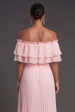 Pleated Pink A Line Off the Shoulder Midi Wedding Guest Dress