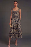 Jacquard Floral Gold A Line Thick Straps Midi Wedding Guest Dress