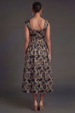 Jacquard Floral Gold A Line Thick Straps Midi Wedding Guest Dress