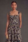 Jacquard Floral Gold A Line Thick Straps Midi Wedding Guest Dress