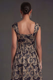 Jacquard Floral Gold A Line Thick Straps Midi Wedding Guest Dress