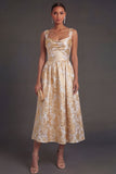 Jacquard Floral Gold A Line Thick Straps Midi Wedding Guest Dress