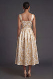 Jacquard Floral Gold A Line Thick Straps Midi Wedding Guest Dress