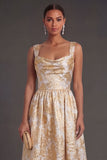 Jacquard Floral Gold A Line Thick Straps Midi Wedding Guest Dress