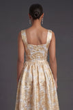 Jacquard Floral Gold A Line Thick Straps Midi Wedding Guest Dress