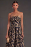 Black Floral Strapless A Line Midi Wedding Guest Dress