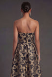 Black Floral Strapless A Line Midi Wedding Guest Dress
