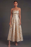Black Floral Strapless A Line Midi Wedding Guest Dress