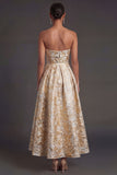 Black Floral Strapless A Line Midi Wedding Guest Dress