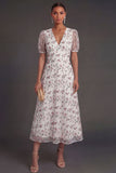 White Pink Floral Puff Sleeves A Line V Neck Midi Wedding Guest Dress