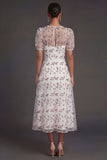 White Pink Floral Puff Sleeves A Line V Neck Midi Wedding Guest Dress