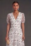 White Pink Floral Puff Sleeves A Line V Neck Midi Wedding Guest Dress