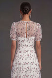 White Pink Floral Puff Sleeves A Line V Neck Midi Wedding Guest Dress