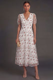 White Pink Floral Puff Sleeves A Line V Neck Midi Wedding Guest Dress