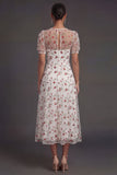 White Pink Floral Puff Sleeves A Line V Neck Midi Wedding Guest Dress