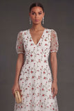 White Pink Floral Puff Sleeves A Line V Neck Midi Wedding Guest Dress