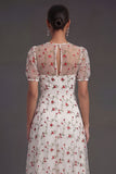 White Pink Floral Puff Sleeves A Line V Neck Midi Wedding Guest Dress