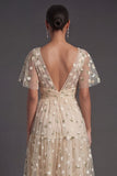 A Line Floral Champagne V Neck Short Sleeves Midi Beach Wedding Guest Dress
